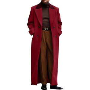 Men's Burgundy Full Length Trench Coat Notched Lapel Long Jacket Double Breasted